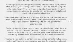 莫斯克拉告别信：结束这段旅程让我心痛，我永远是一名瓦伦西亚人